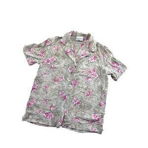 Jaclyn Smith Floral Button Down Blouse Tan Pink Rayon Short Sleeve Top Small